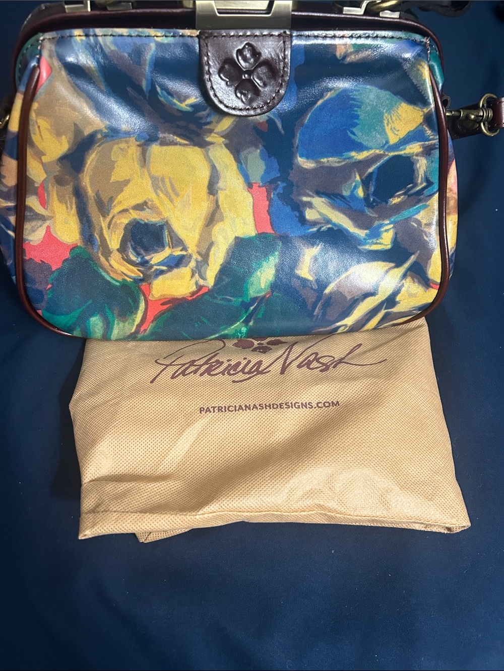Patricia Nash Multicolor Floral Print Crossbody with Brown Leather Trim